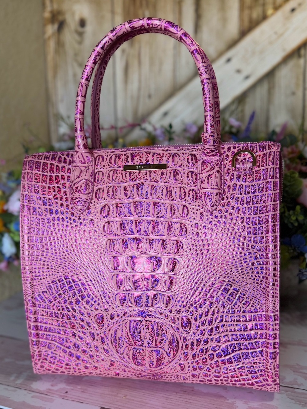 NWT Brahmin Caroline Empower Melbourne Leather Pink Purple sparkle FIRM $ 2 EYES - Picture 12 of 16